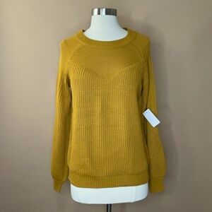 Greige Mustard Yellow Textured Knit Crewneck Pullover Sweater Womens Small